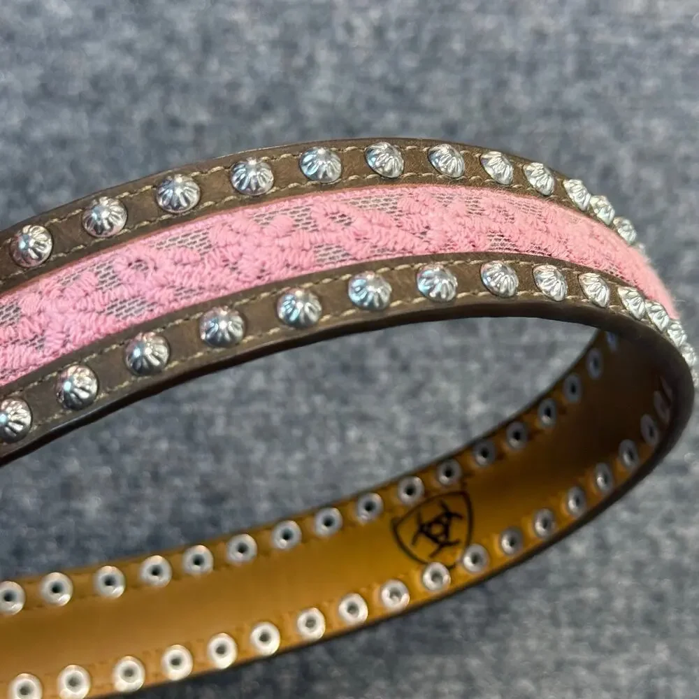 Ariat Pink Studded Leather Western Belt With Silver Tone Buckle Kids Youth 26 in